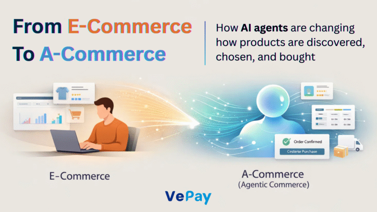 Visual representation of agentic commerce (A-Commerce), highlighting AI agents managing product discovery, comparison, and checkout, signaling the shift from traditional e-commerce to AI-driven autonomous shopping.